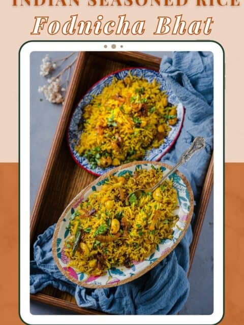 2 oval plates filled with Indian seasoned rice called fodnicha bhat and text at the top and bottom.