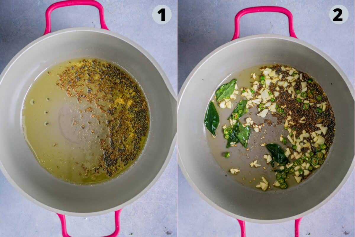 2 image collage showing how to prepare the tempering for making Indian seasoned rice called fodnicha bhat.