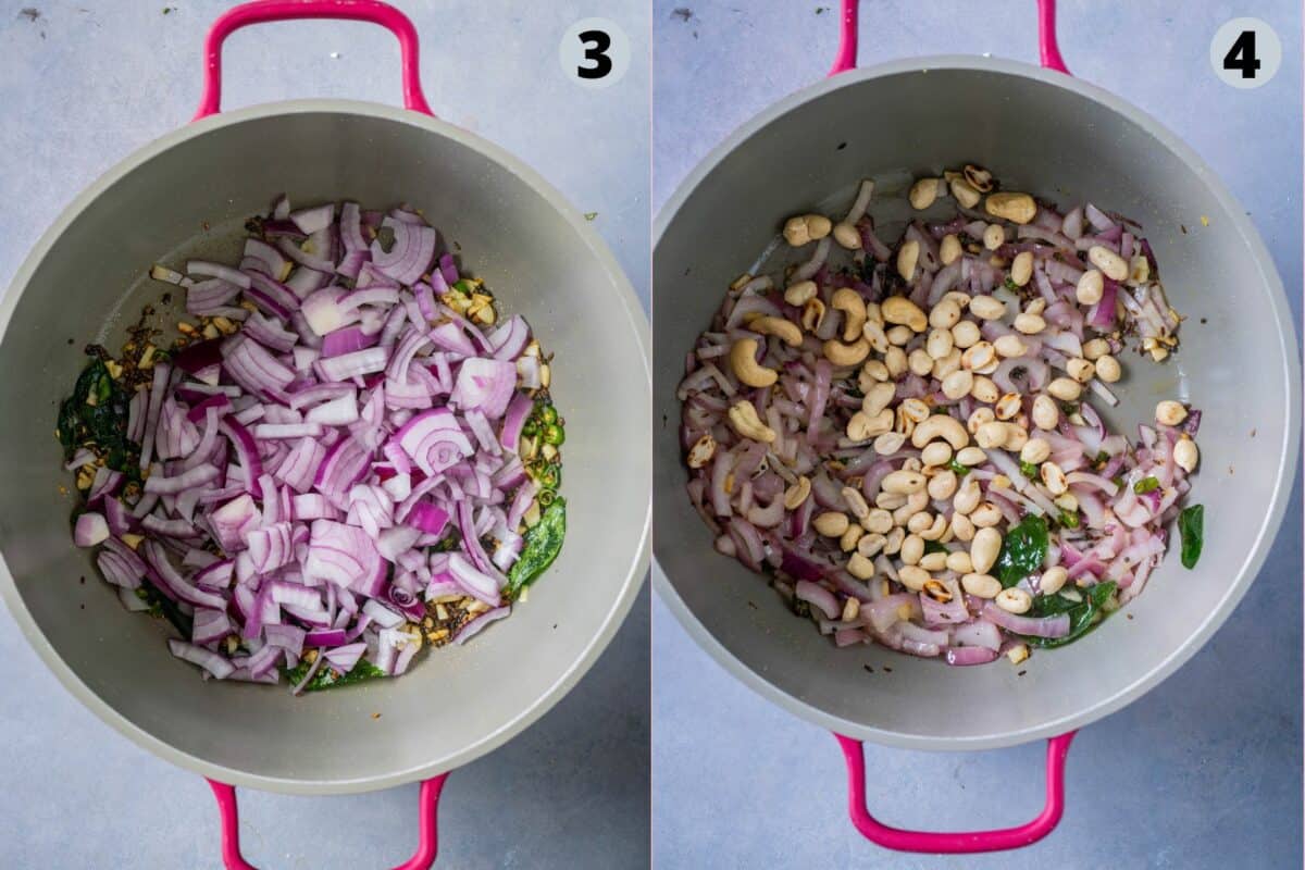 2 image collage showing the process of making Indian seasoned rice called fodnicha bhat.