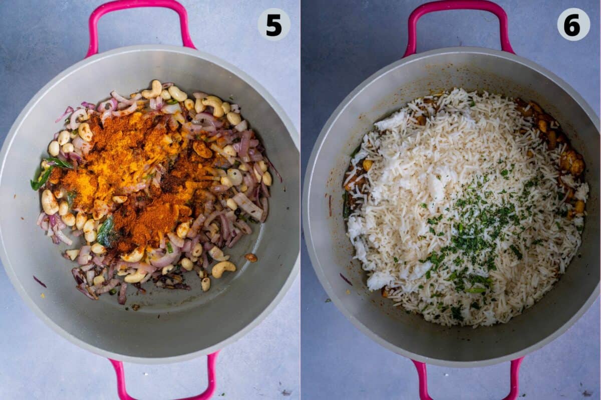 2 image collage showing the steps to make Indian seasoned rice called phodnicha bhat.