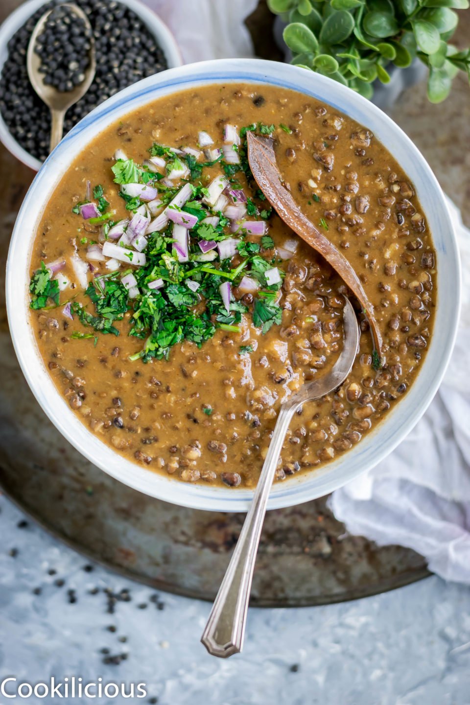 a bowl full of Black Lentils Stew | Kali Dal | Maa Ki Daal garnished with cilantro, onions and bay leaf
