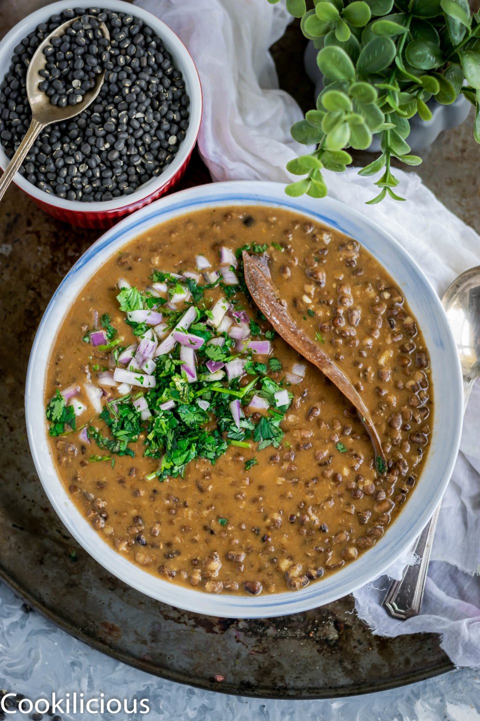 a bowl filled with Black Lentils Stew | Kali Dal | Maa Ki Daal and black lentils in a bowl on the side