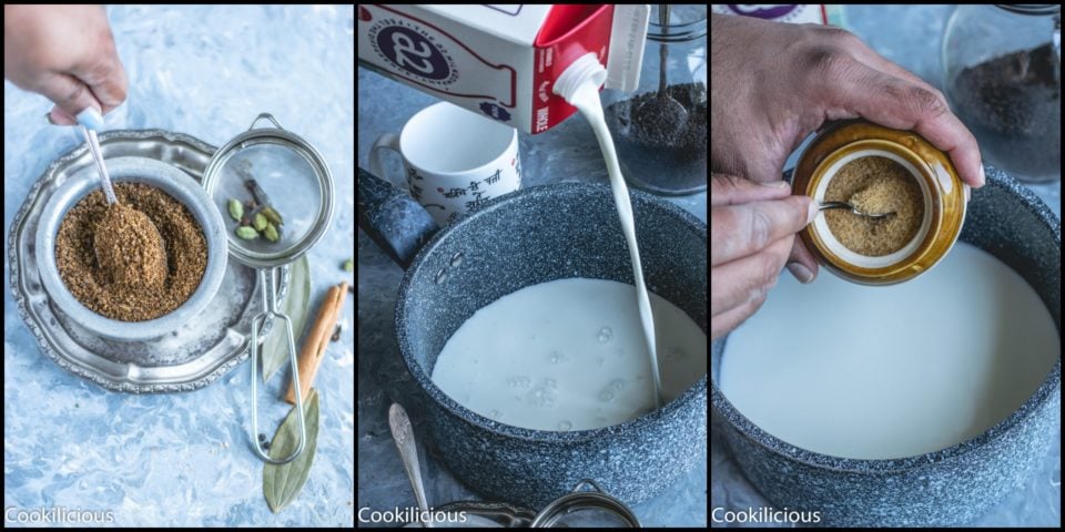 3 image collage showing the steps to make the Indian masala chai
