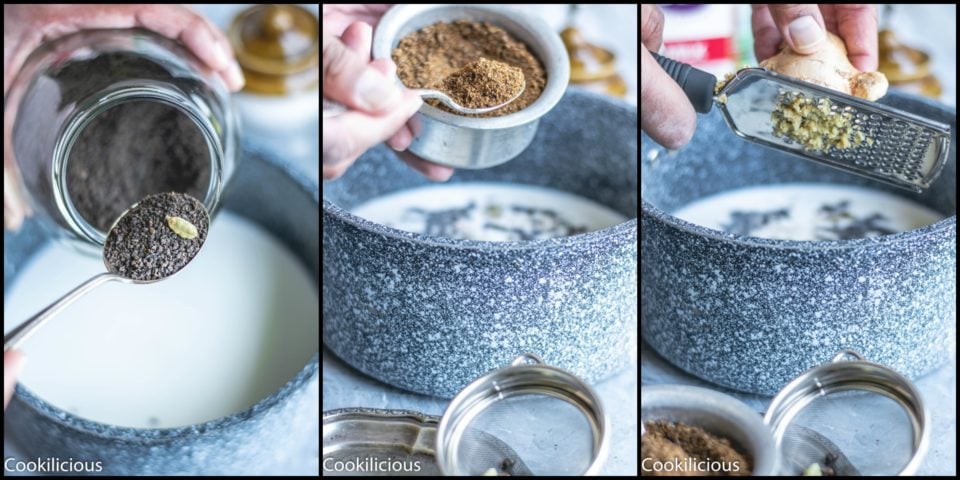 3 image collage showing the process to make masala chai