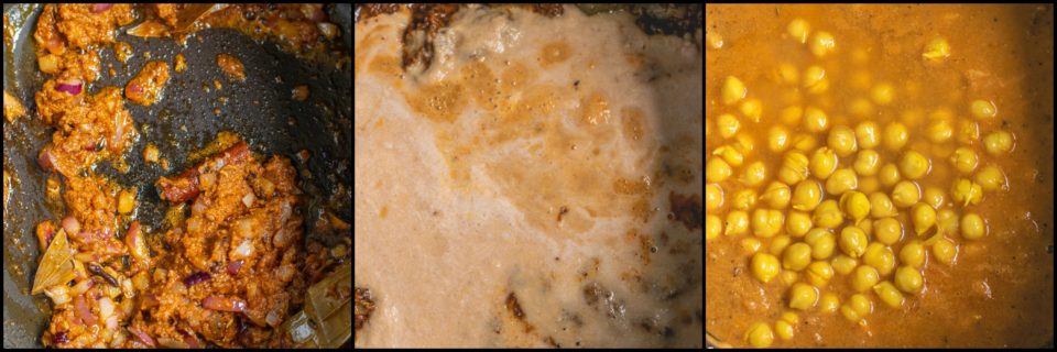 3 image collage showing how to make South Indian Chickpeas Curry | Chettinad Kondai Kadalai Kuzhambu