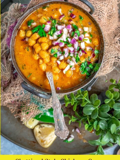 South Indian Chickpeas Curry | Chettinad Kondai Kadalai Kuzhambu in a kadai with a bunch of cilantro on the side and text at the bottom