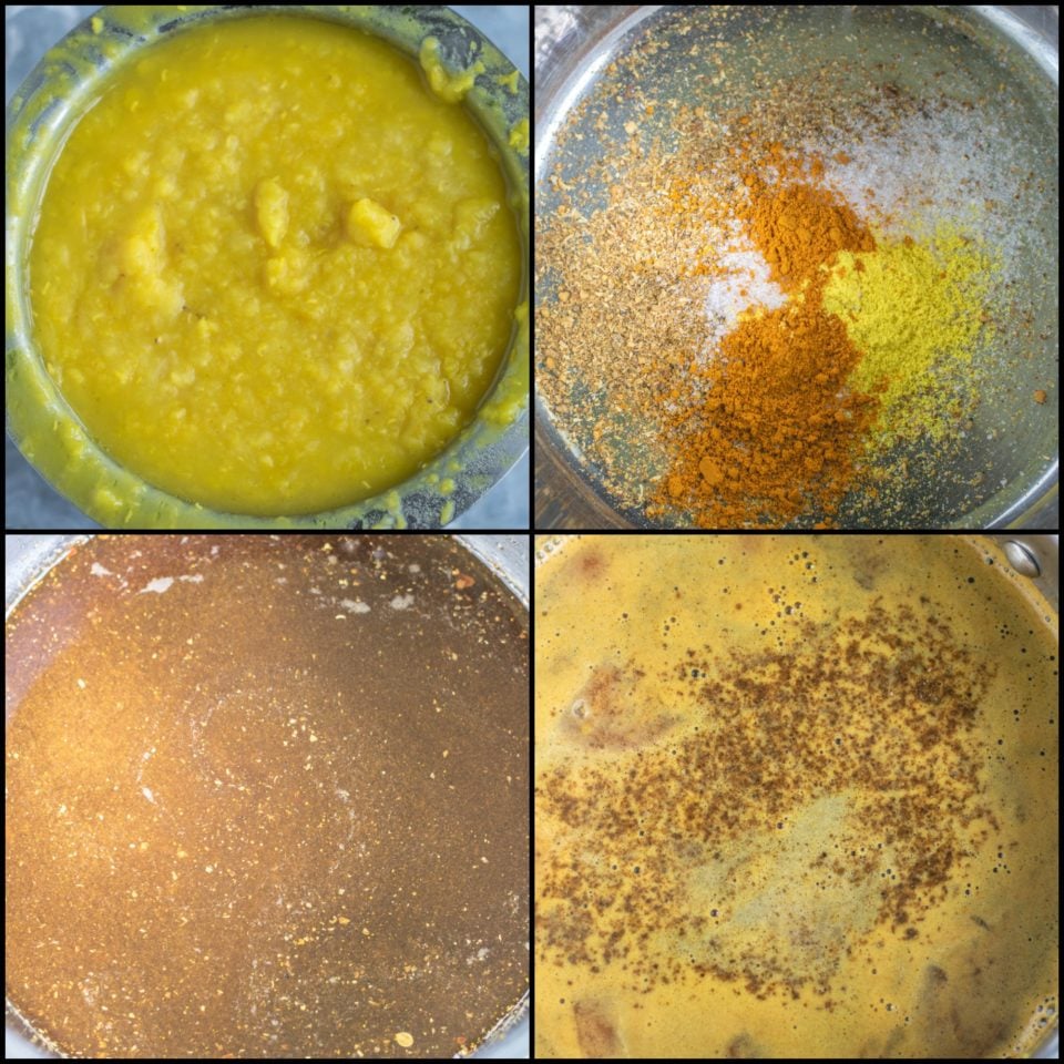 4 image collage showing how to make South Indian Tomato Rasam With Pink Lentils