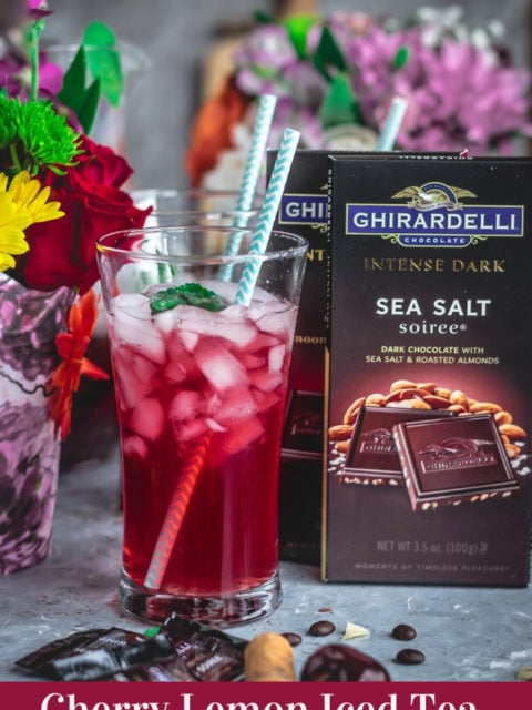 a glass of Cherry Lemon Iced Tea with a straw in it and Ghirardelli dark chocolate on the side and text at the bottom