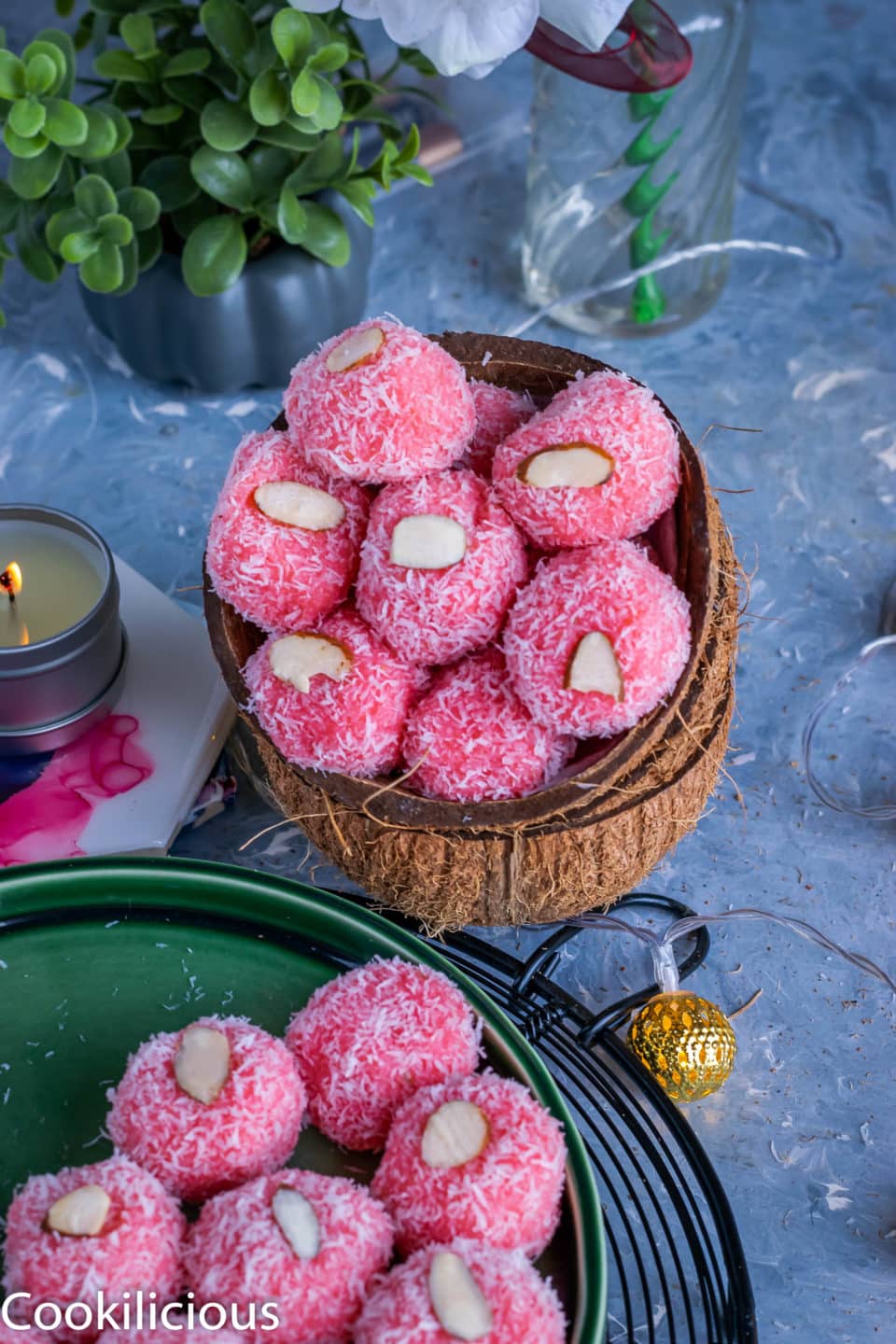 Instant Rose & Coconut Ladoo in a coconut shell bowl