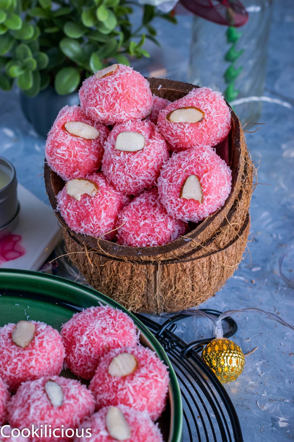 close up shot of Instant Rose & Coconut Ladoo in a coconut shell
