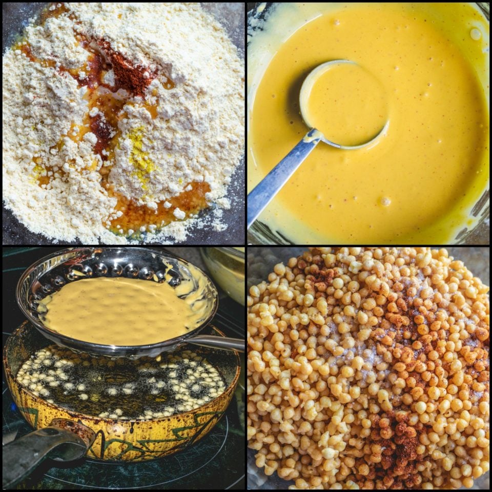 4 image collage showing the steps to male Kara Boondi Mixture