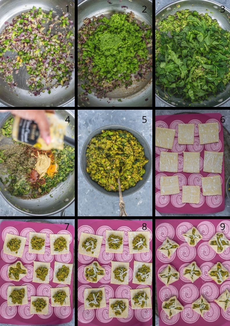 9 image collage showing the steps to make Spicy Green Peas & Spinach Pastry Puffs