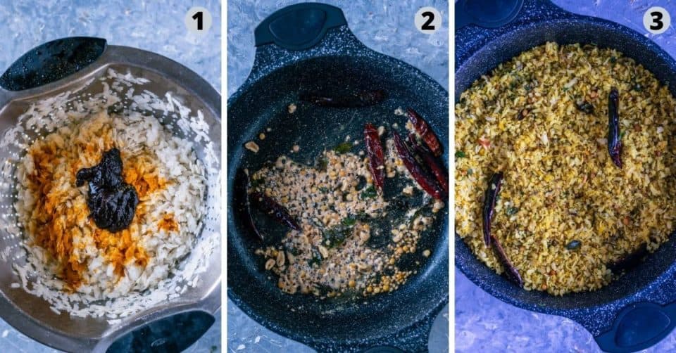 3 image collage showing how to make tamarind poha