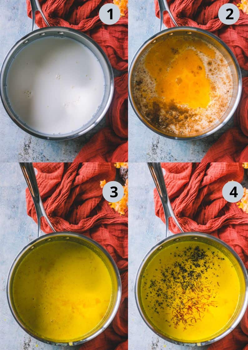 4 image collage showing how to make haldi wala doodh.