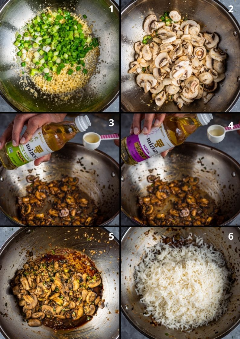 6 image collage showing the process of making Japanese fried rice