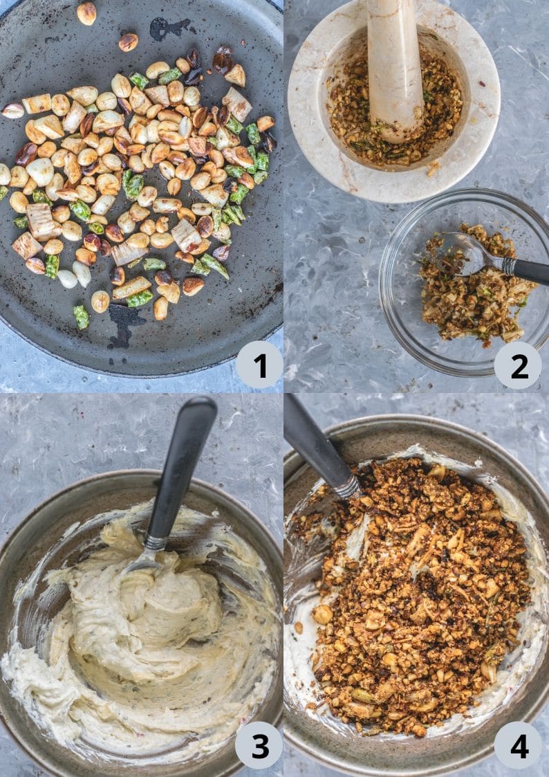 4 image collage showing the steps to make Thecha Flavored Garlic Herb Butter