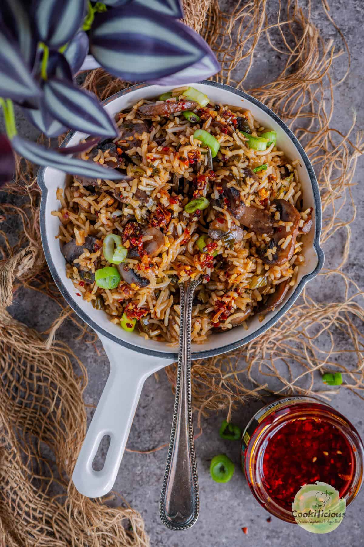 One-pan vegan mushroom fried rice ready in 15 minutes.