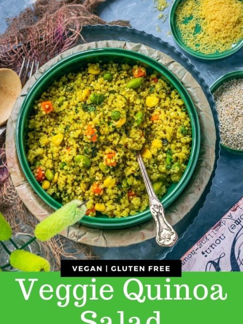 Vegetable Quinoa Upma in a bowl with a spoon in it and text at the bottom