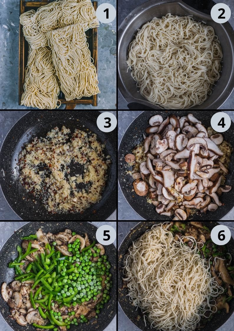 6 image collage showing the steps to make Chilly Garlic Noodles