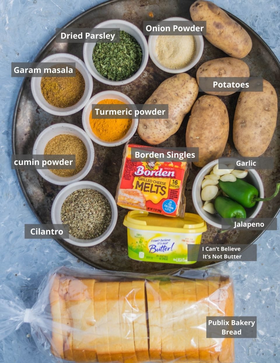 display of ingredients used to make Mashed Potato Cheese Sandwich