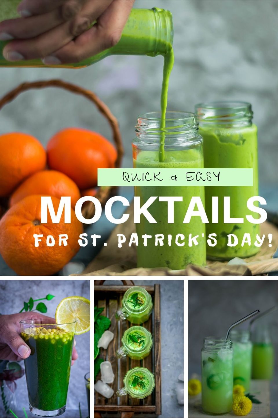 4 image collage of Green Drinks For St. Patrick's Day with text on top