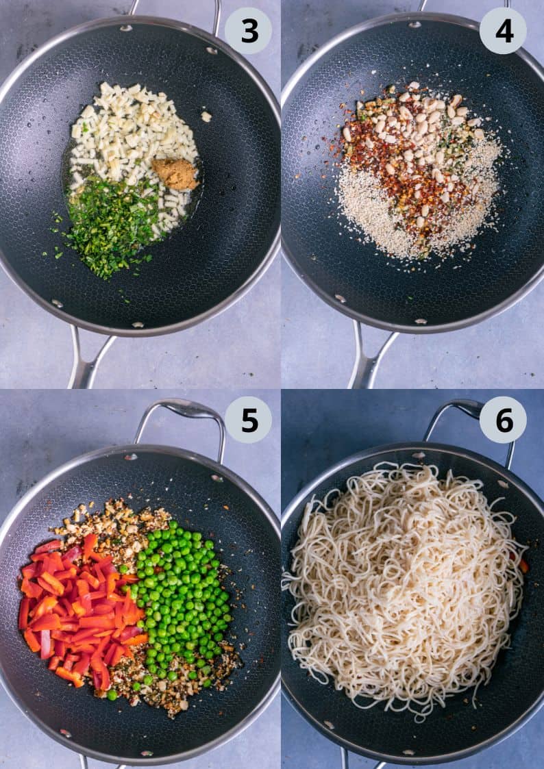 4 image collage showing the steps to make Vegan Chili Garlic Noodles.