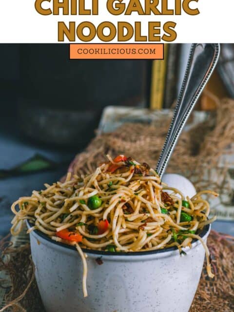 a bowl of Vegan Chili Garlic Noodles and text at the top.