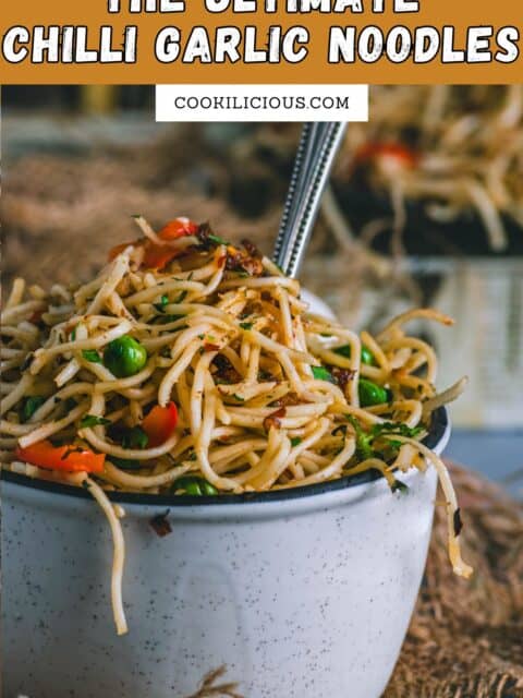 close up shot of Vegan Chili Garlic Noodles served in a bowl and text at the top.