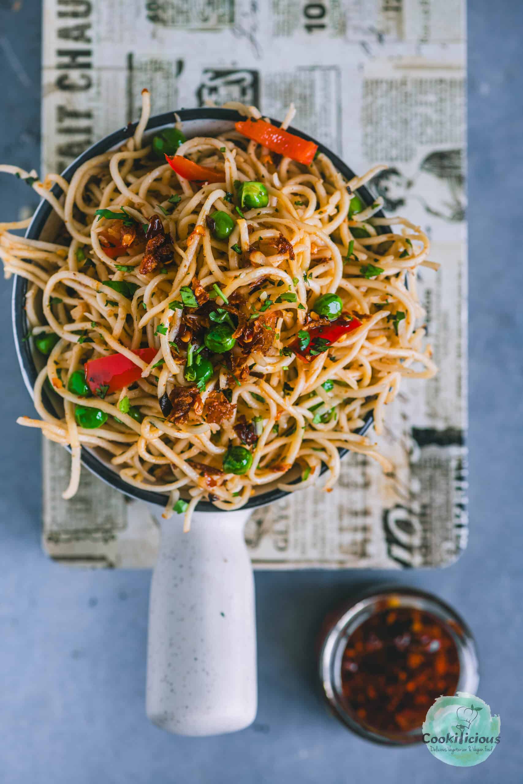 top view of a bowl filled with Vegan Chili Garlic Noodles.