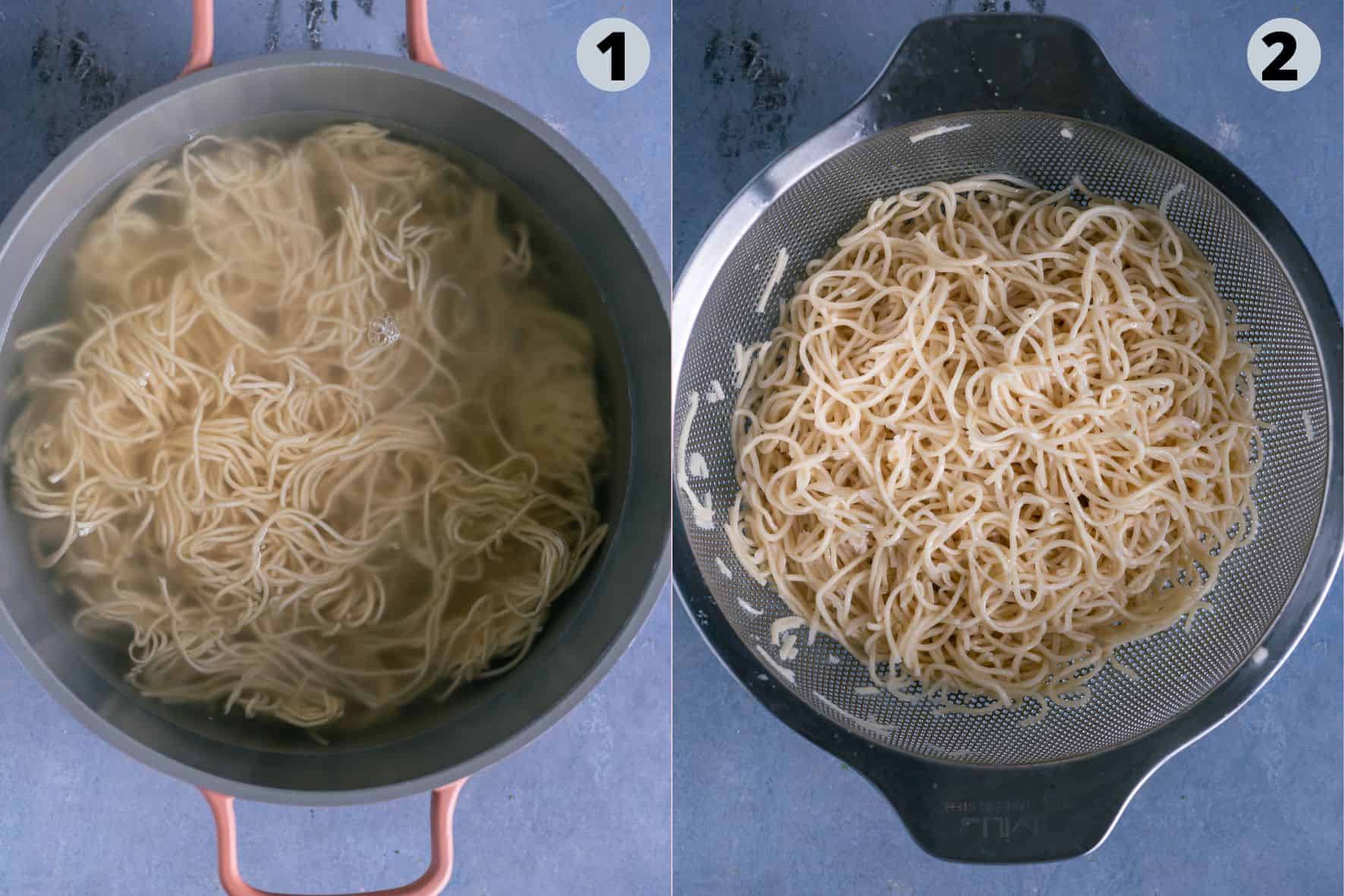 2 image collage showing how to cook the noodles.