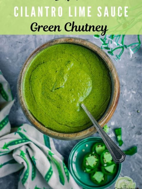 a bowl of Mint Cilantro Chutney with a spoon in it and text at the top