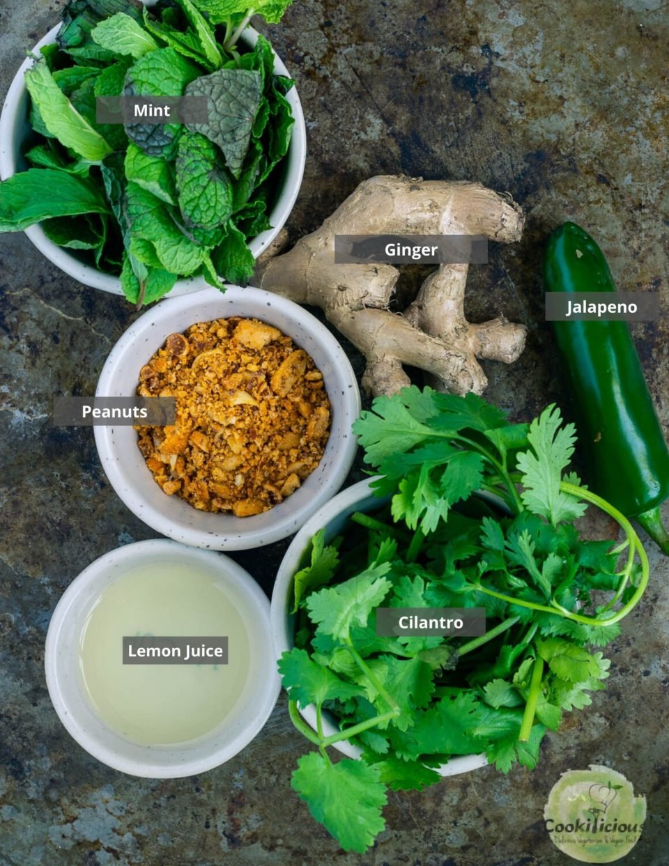 all the ingredients needed to make Mint Cilantro Chutney placed in a tray