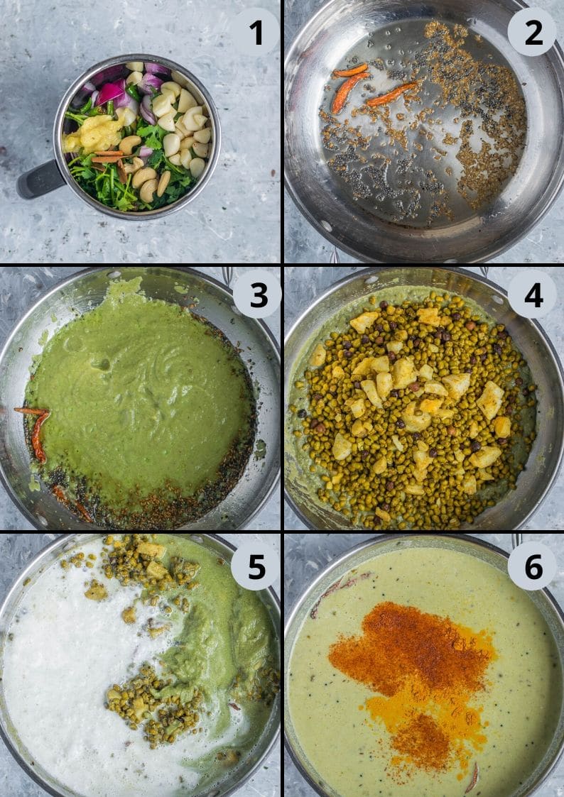 6 image collage of images showing how to make mung bean sprouts Coconut Vegan Curry
