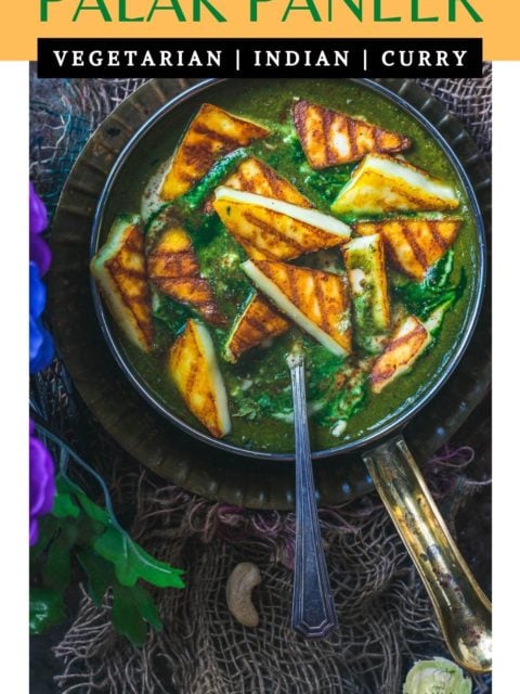 grilled paneer pieces over palak paneer bowl and text at the top