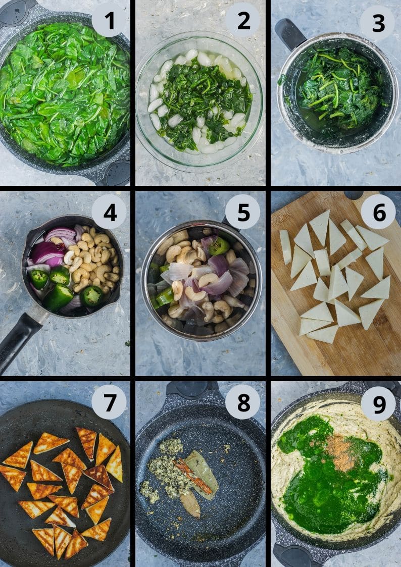 9 image collage showing the steps to make Restaurant Style Palak Paneer