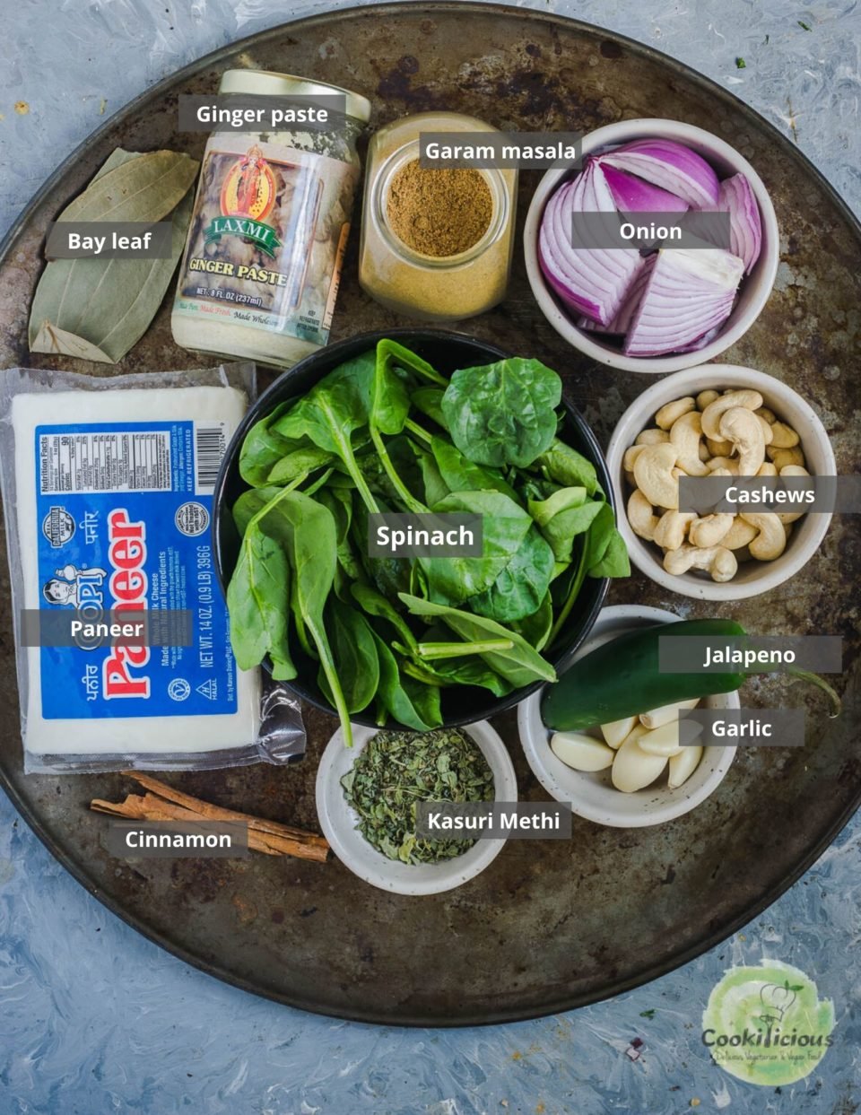 all the ingredients needed to make palak paneer placed on a tray