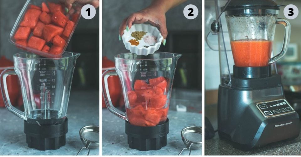 3 image collage showing how to make watermelon juice recipe - Sugar Free Drink