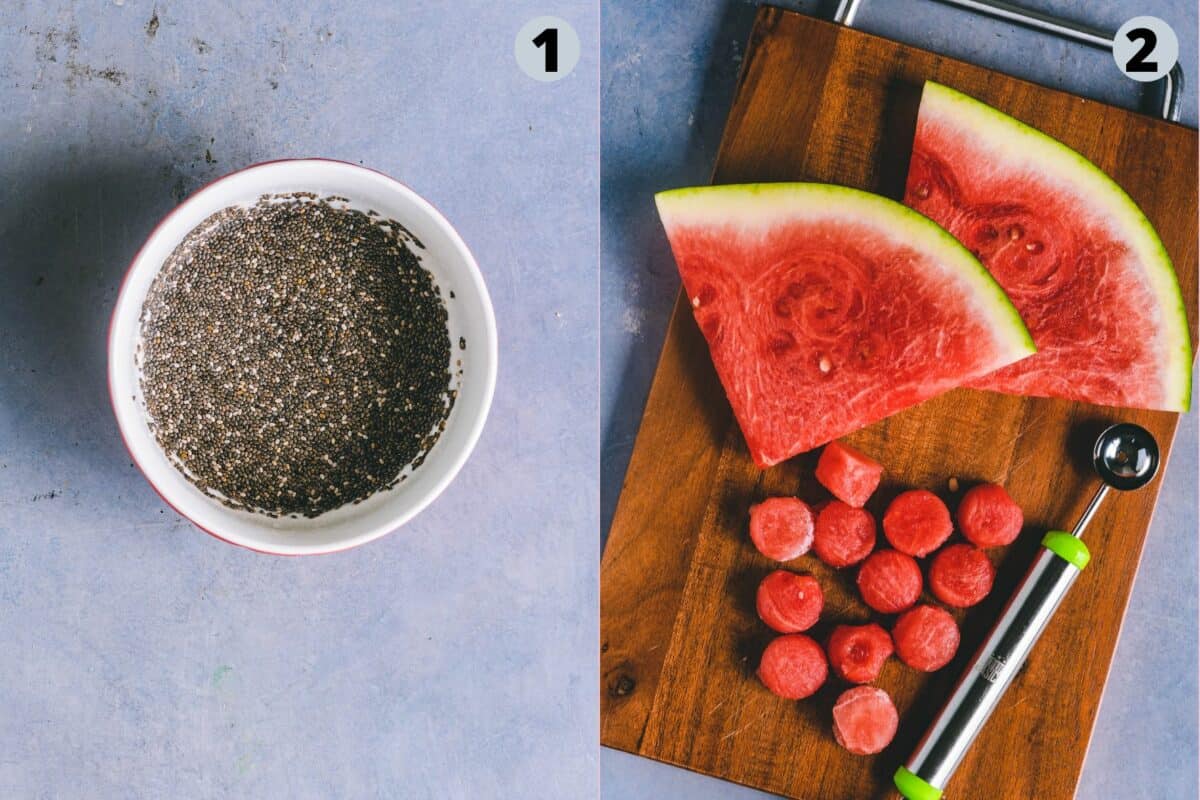 2 image collage showing how to prep for making watermelon drink.
