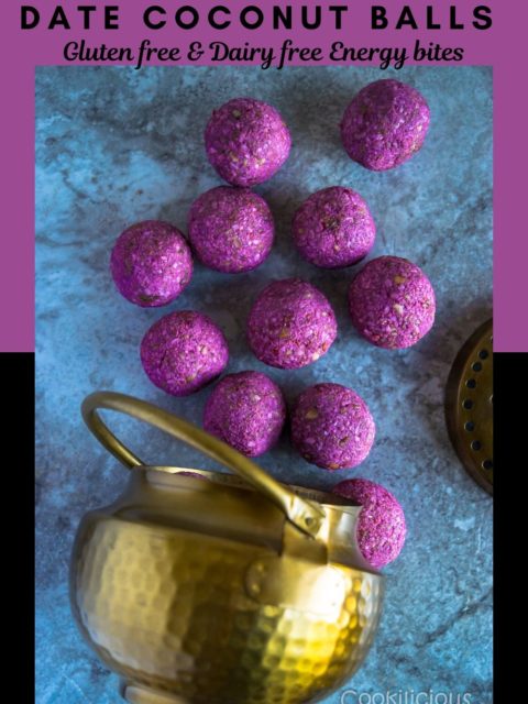 flat lay shot of Frozen Raspberry Date Coconut Balls fallen from a brass bowl with text at the top