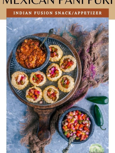 a round plate filled with Indian Mexican Pani Puri along with a bowl of beans in tomato sauce and next to it is a bowl of salsa with text at the top