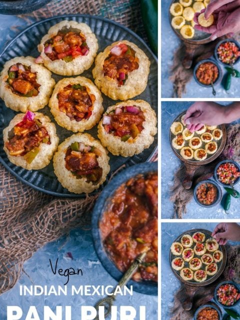 4 image collage showing how to assemble the Indian Mexican Pani Puri Recipe