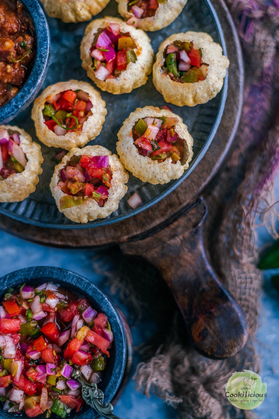 Indian Mexican Pani Puri neatly arranged in a platter