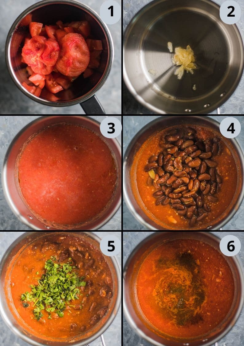 6 image collage showing the steps to make beans in tomato gravy