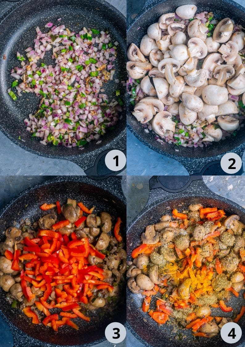 4 image collage showing the steps to make Mushroom Fry With Pepper