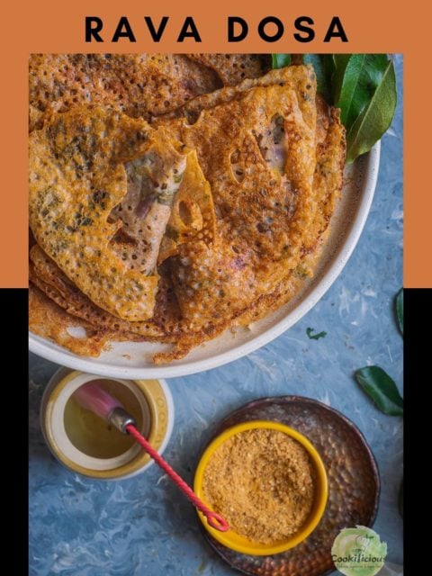 few Wheat Dosa | Instant Wheat Rava Dosa in a plate with a small bowl of molagapodi and oil next to it and text at the top