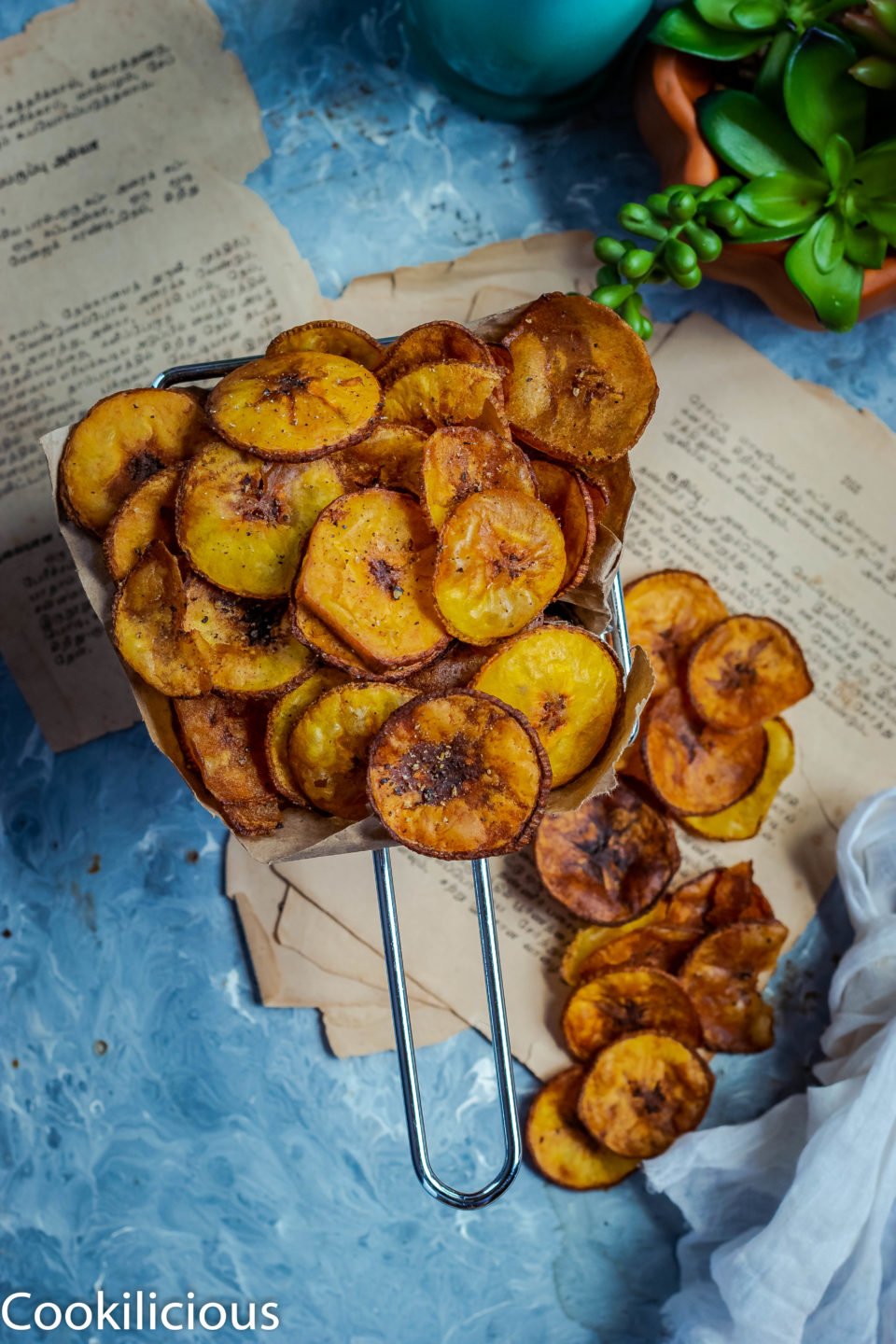 Fried Raw Banana Vegan Chips served in a basket