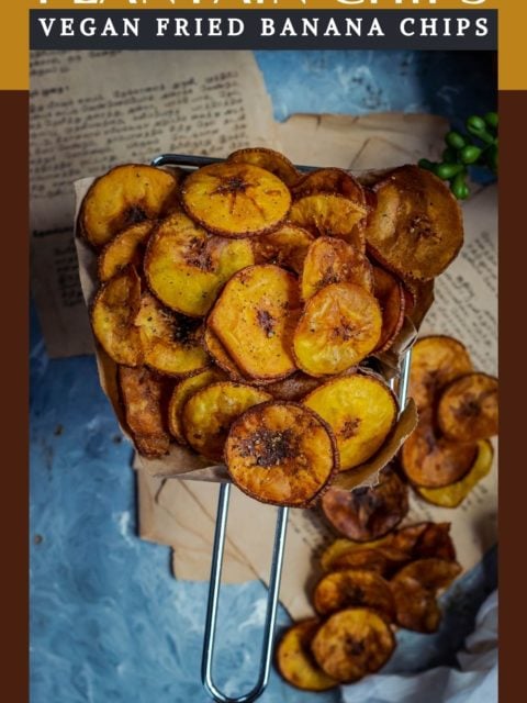 view of the basket of Fried Raw Banana Vegan Chips from top and text at the top