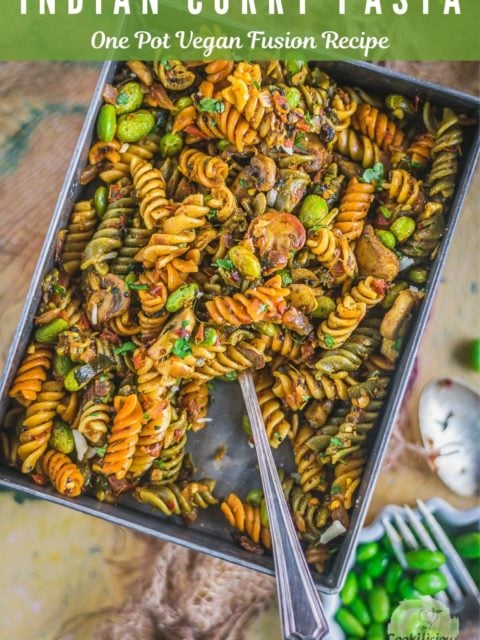 Indian Pasta Recipe | One-Pot Vegan Curry Pasta Dish in a rectangular bowl with a fork in it and text at the top