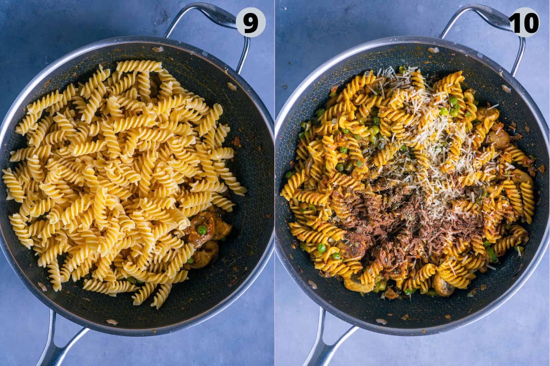 2 image collage showing how to make Indian pasta salad.
