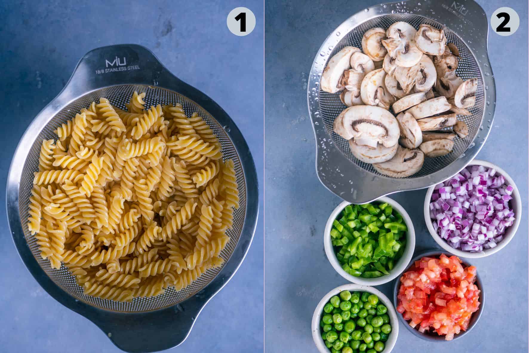 2 image collage showing the process to make Indian curry pasta.